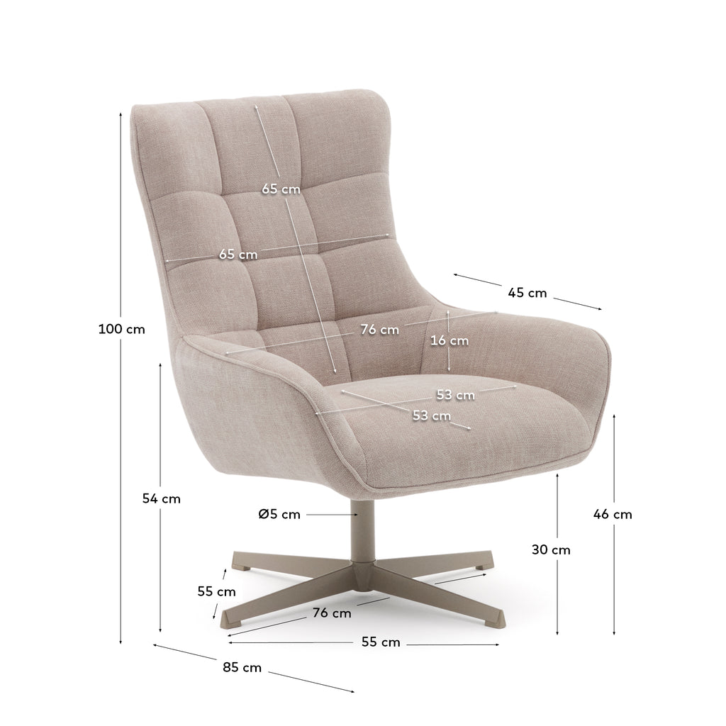 Teryl swivel beige chenille armchair with grey-finished metal, FSC 100%