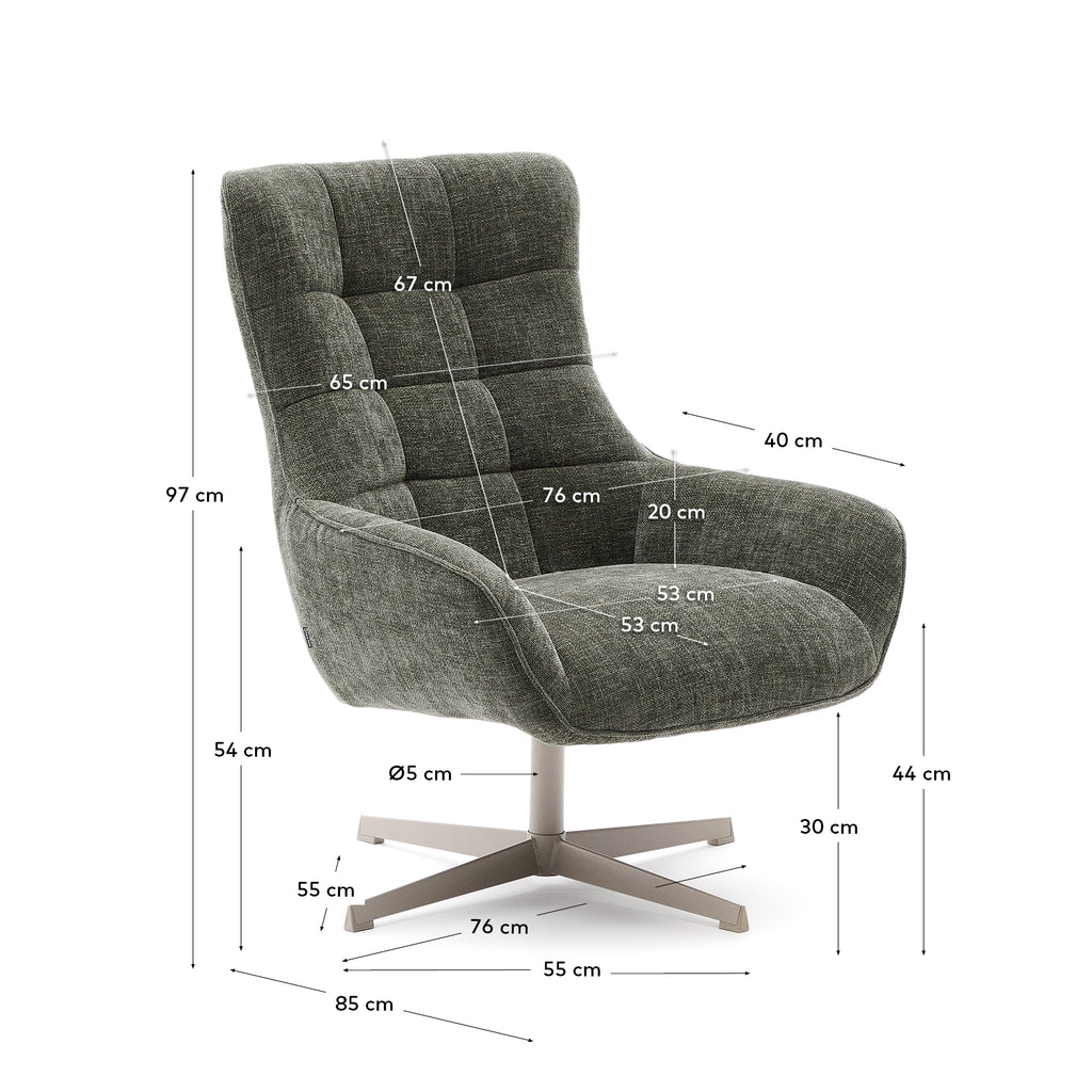 Teryl swivel green chenille armchair with grey-finished metal, FSC 100%