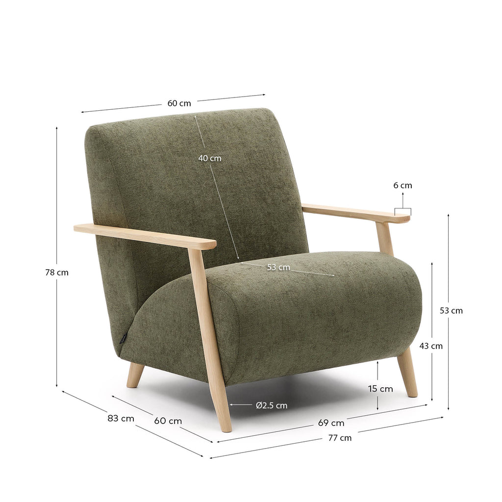 Meghan armchair in green chenille and with solid beech wood in a natural finish FSC Mix Credit