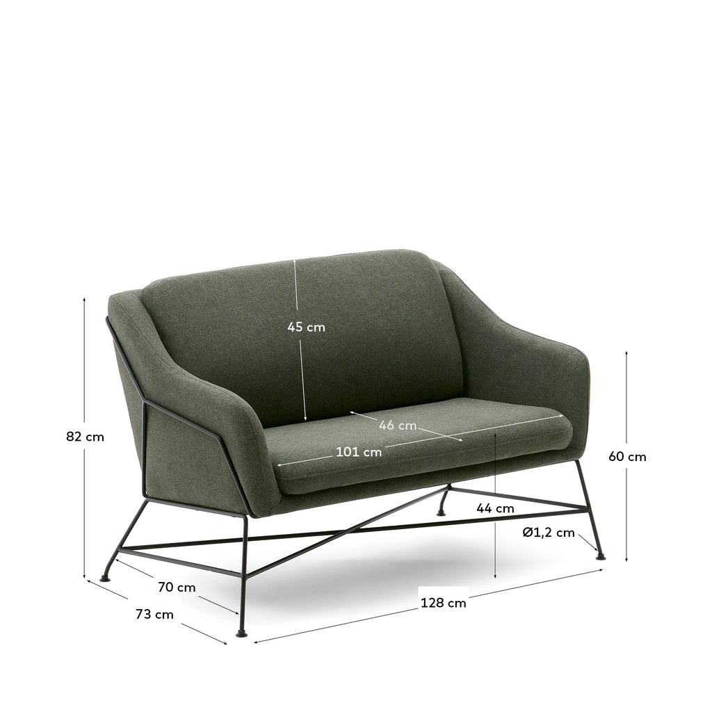 Brida 2-seater sofa in green and steel legs with black finish, 128 cm