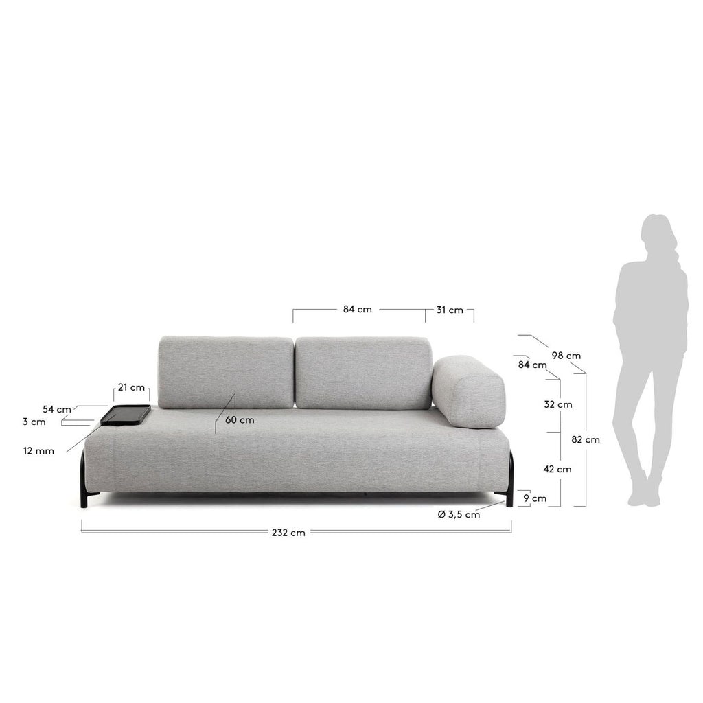 Compo 3 seater sofa with small tray in Beige-Grey, 232 cm