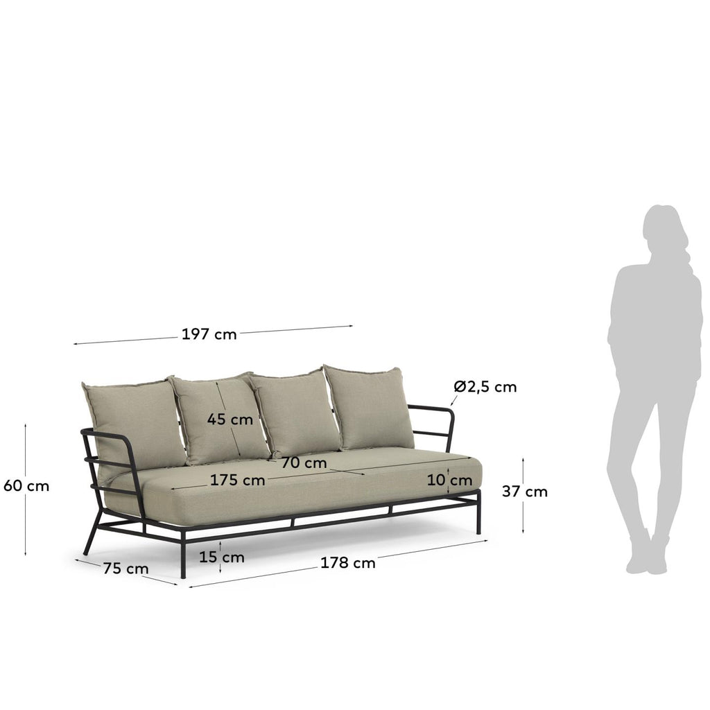 Mareluz 3 seater sofa in black steel, 197 cm
