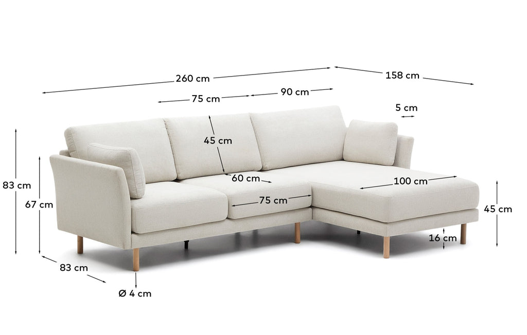 Gilma 3 seater sofa w/ right/left-hand chaise longue in chenille pearl, natural legs, 260 cm