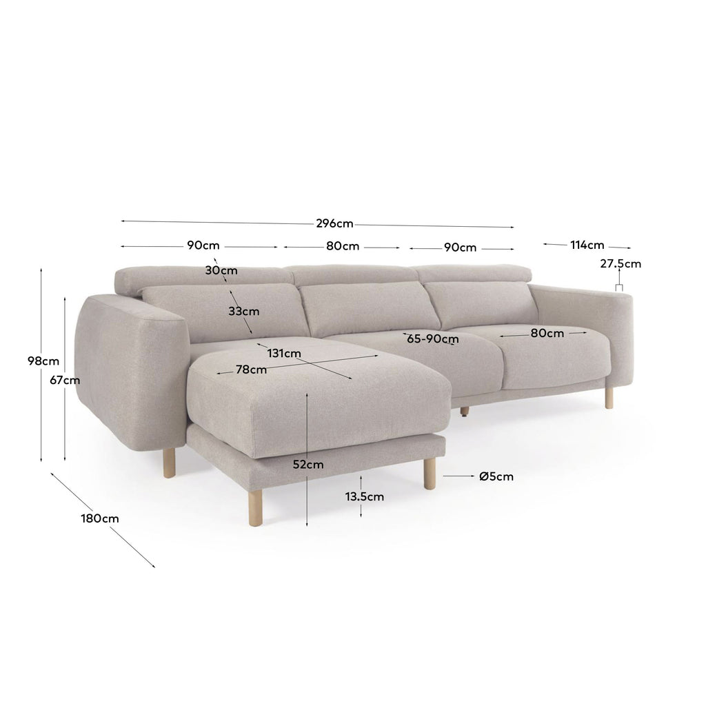Singa 3 seater sofa with left-hand chaise longue, reclining headrest and extendable seat in beige 296 cm FSC Mix Credit