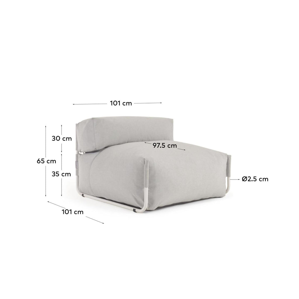 Square modular 100% outdoor sofa pouffe w/ backrest, light grey, white aluminium 101x101cm