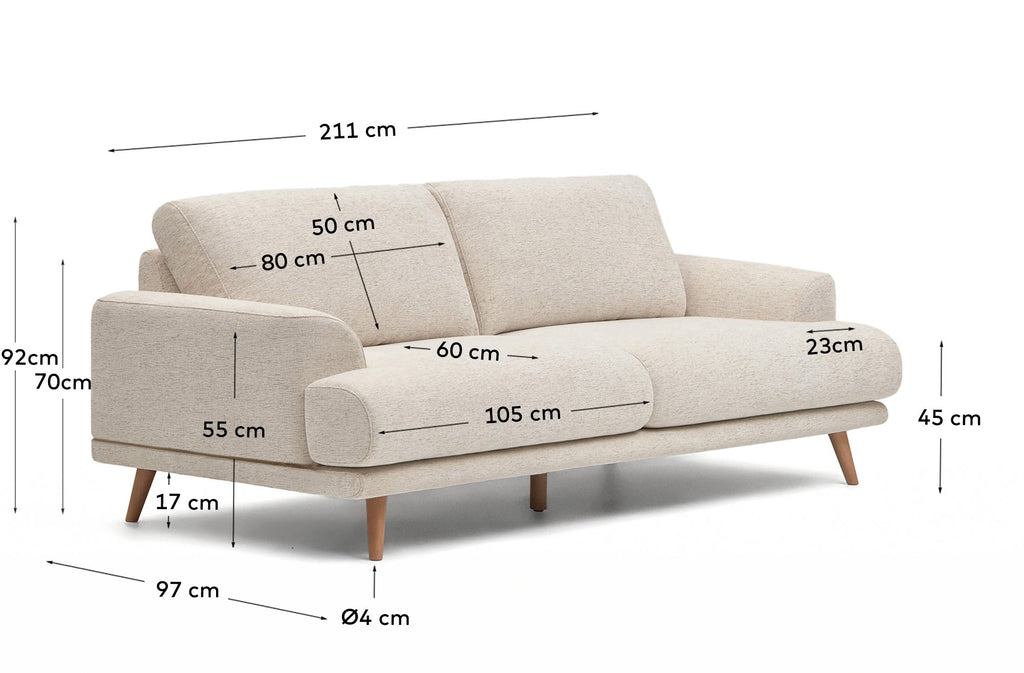 Karin 2-seater sofa in beige chenille with solid beech wood legs 210cm