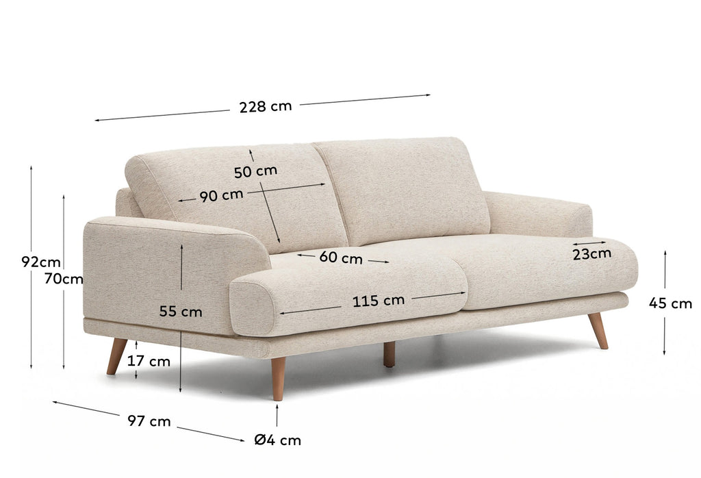 Karin beige 3-seater sofa with solid beech wood legs 231cm