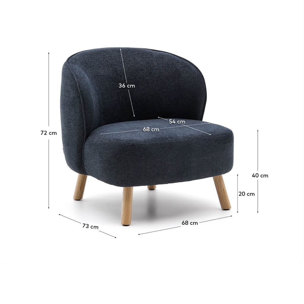 Ulit armchair in blue-grey chenille with solid beech wood legs in a natural finish