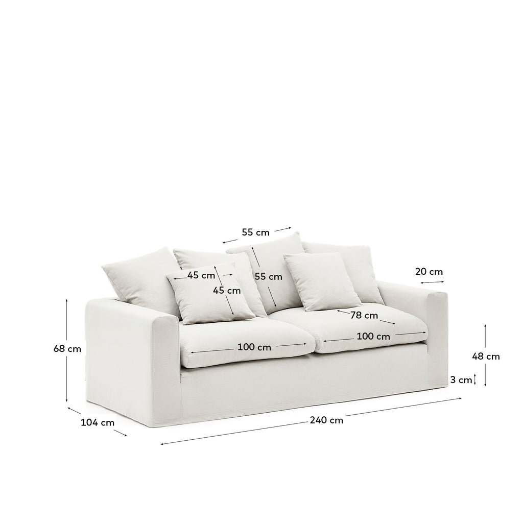 Nora 3-seater sofa with removable cover with linen and cotton cushions in ecru 240cm