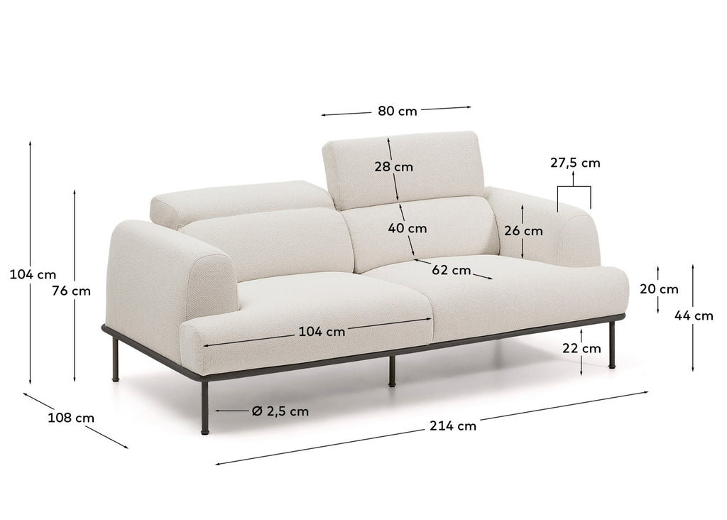 Aurum 2-seater sofa in ecru chenille with reclining headrest and matte grey metal base 214 cm FSC Mix Credit