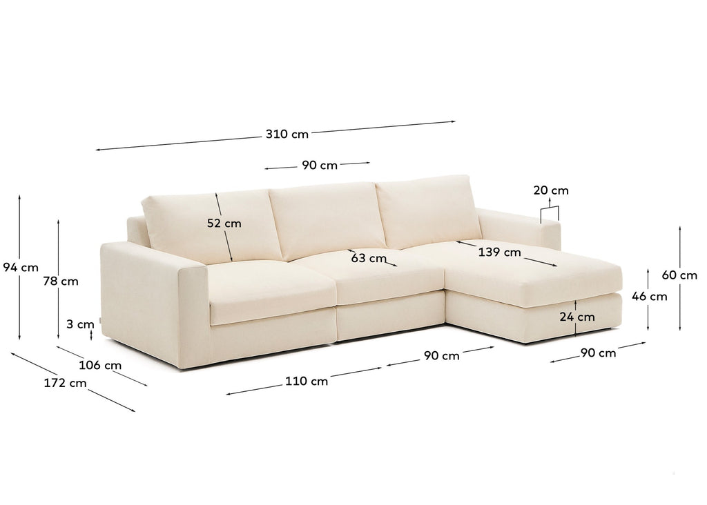 Alea ecru chenille 4-seater modular sofa with right chaise longue and removable cover 310cm