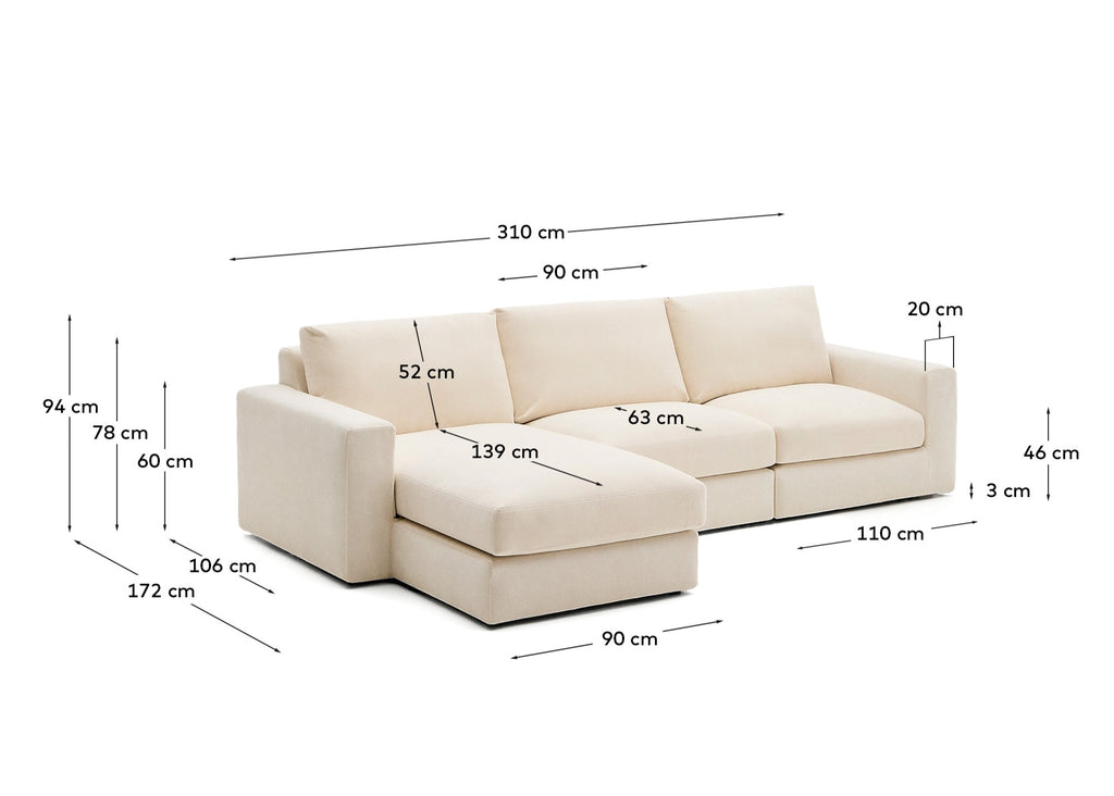 Alea ecru chenille 4-seater modular sofa with left chaise longue and removable cover 310cm