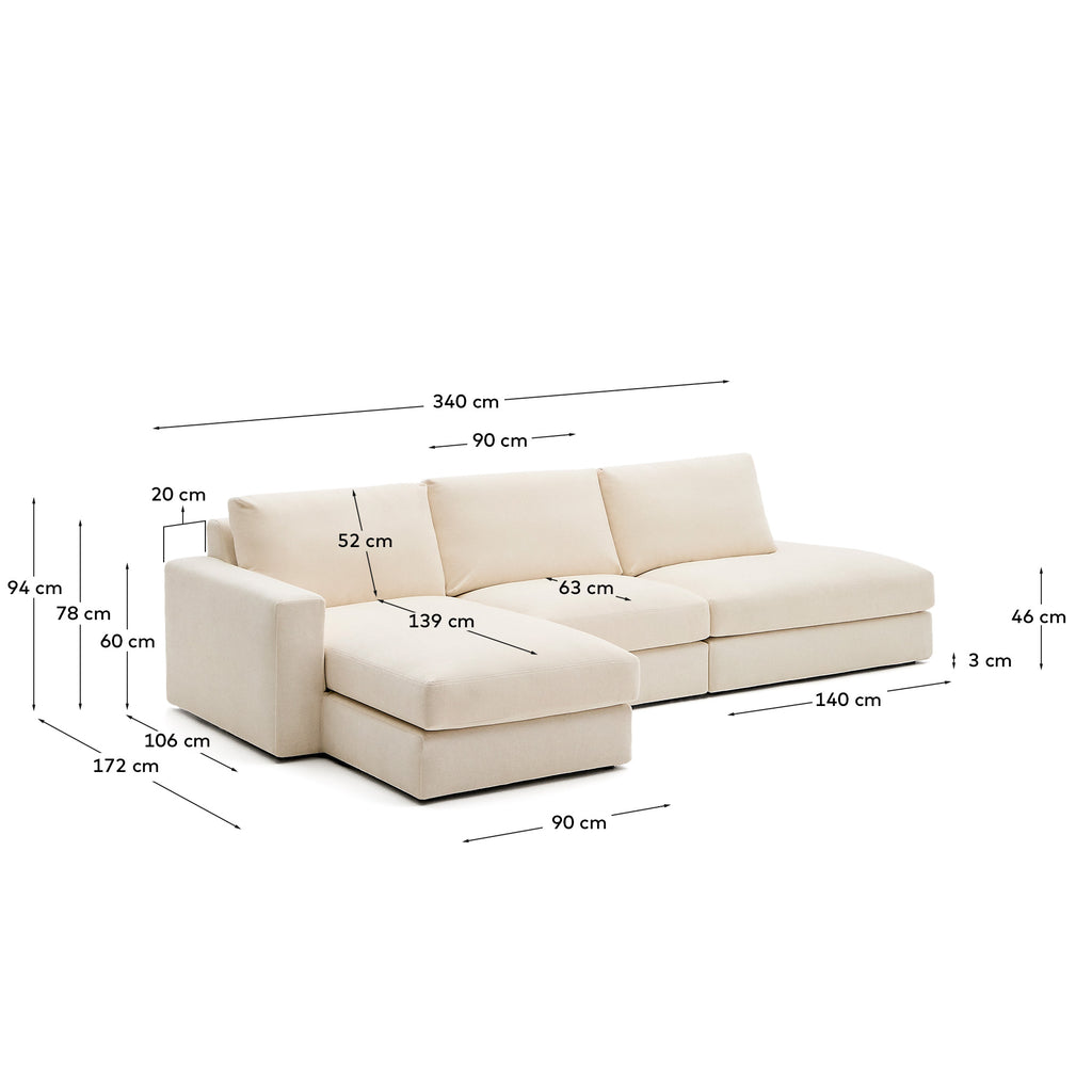 Alea ecru chenille 5-seater modular sofa with left chaise longue and removable cover 340cm