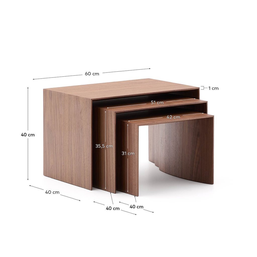 Litto set of 3 walnut veneer nesting tables 60 x 40 / 51 x 36 / 42 x 31 cm
