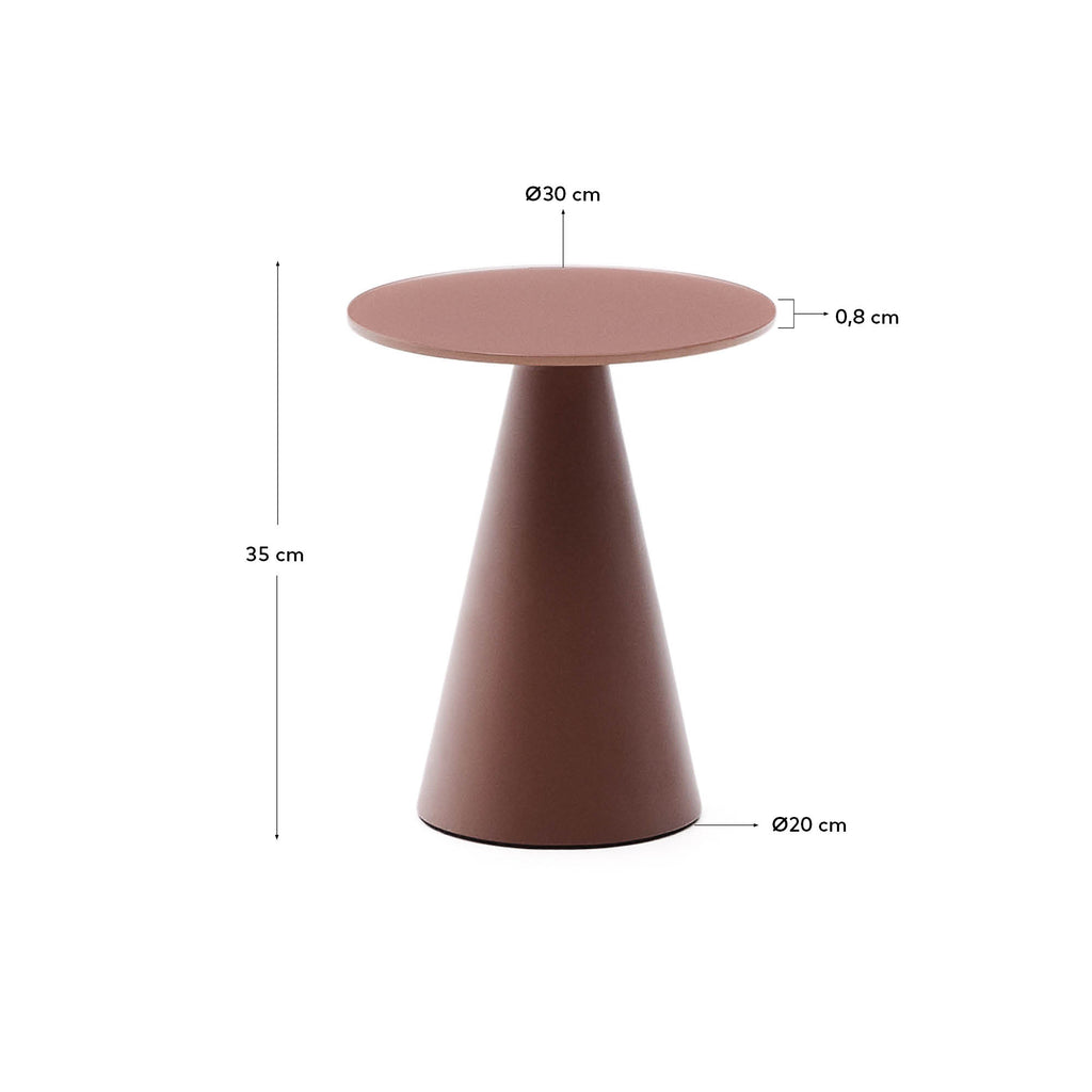 Wilshire side table with frosted tempered glass and matt terracotta painted steel finish Ø30cm