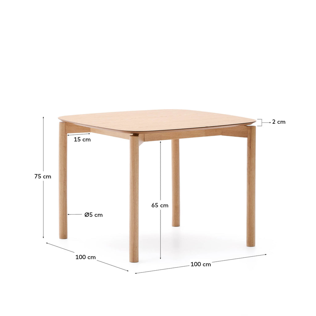 Indara square table in ash veneer with natural finish 100 x 100 cm