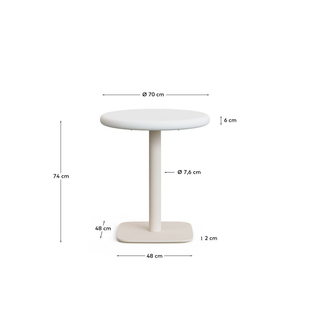Dina outdoor round table with white cement top Ø70cm and white steel base 48x48x72cm