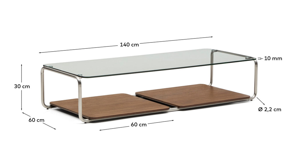 Tarsel coffee table in tempered glass with FSC 100% walnut veneer tray with brushed stainless steel structure 140 x 60cm