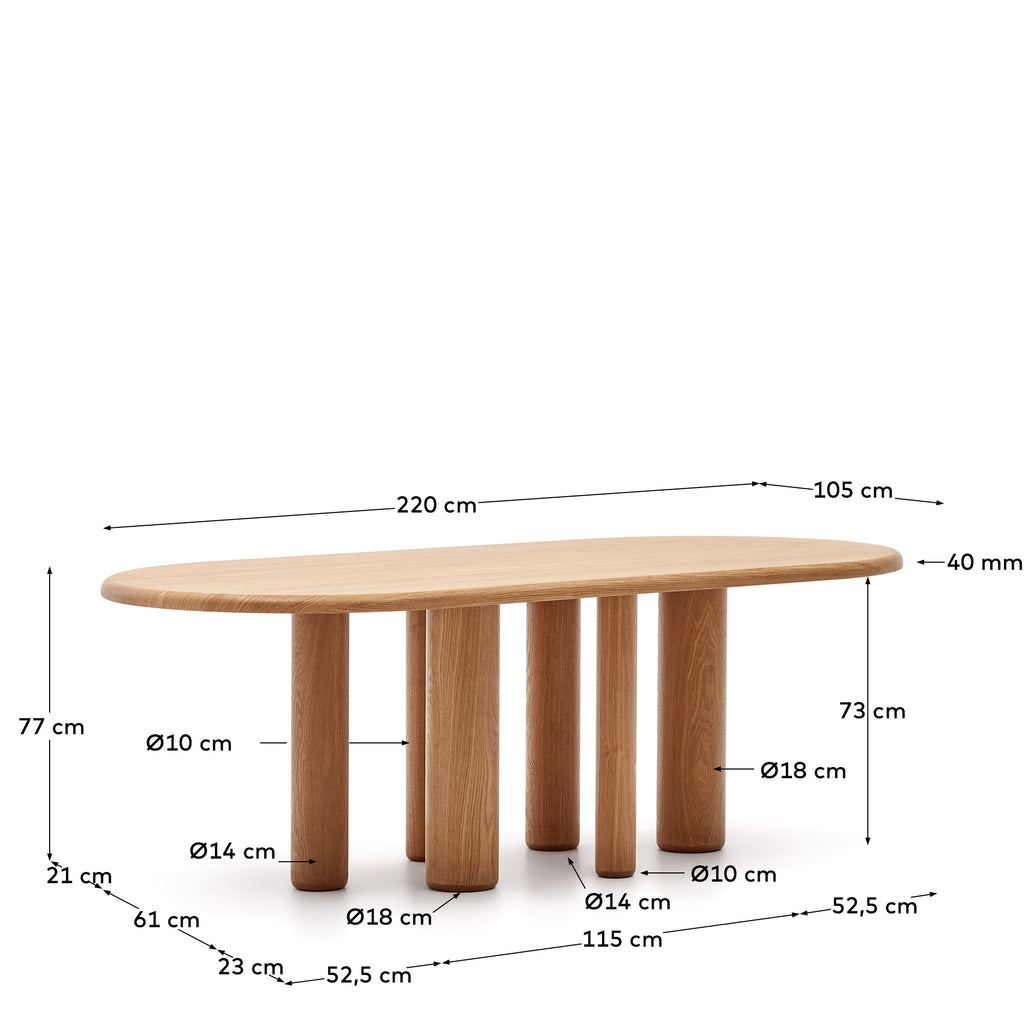 Mailen oval table in ash wood veneer with natural finish, Ø 220 x 105 cm