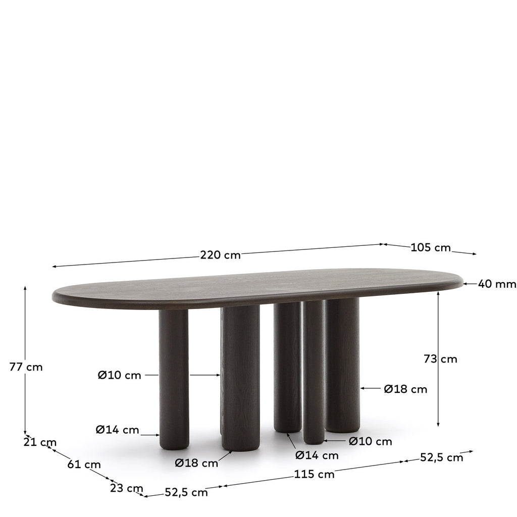 Mailen oval table in ash wood veneer with dark finish, Ø 220 x 105 cm