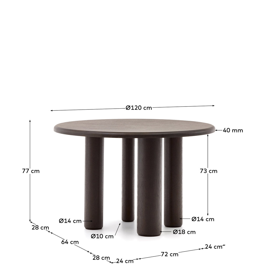 Mailen round table in ash wood veneer with dark finish, Ø 120 cm