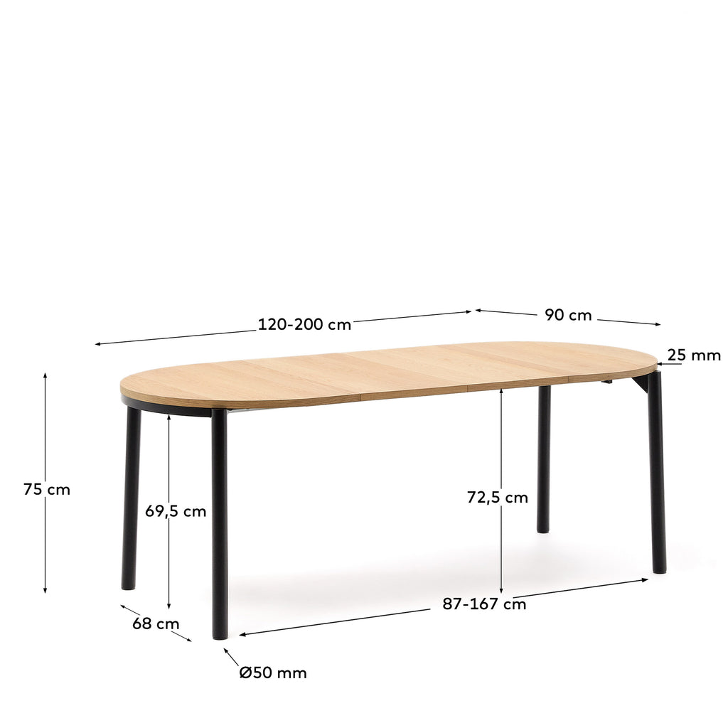 Montuiri extendable table in oak veneer and with steel legs in a black finish, Ø120(200) x 90 cm