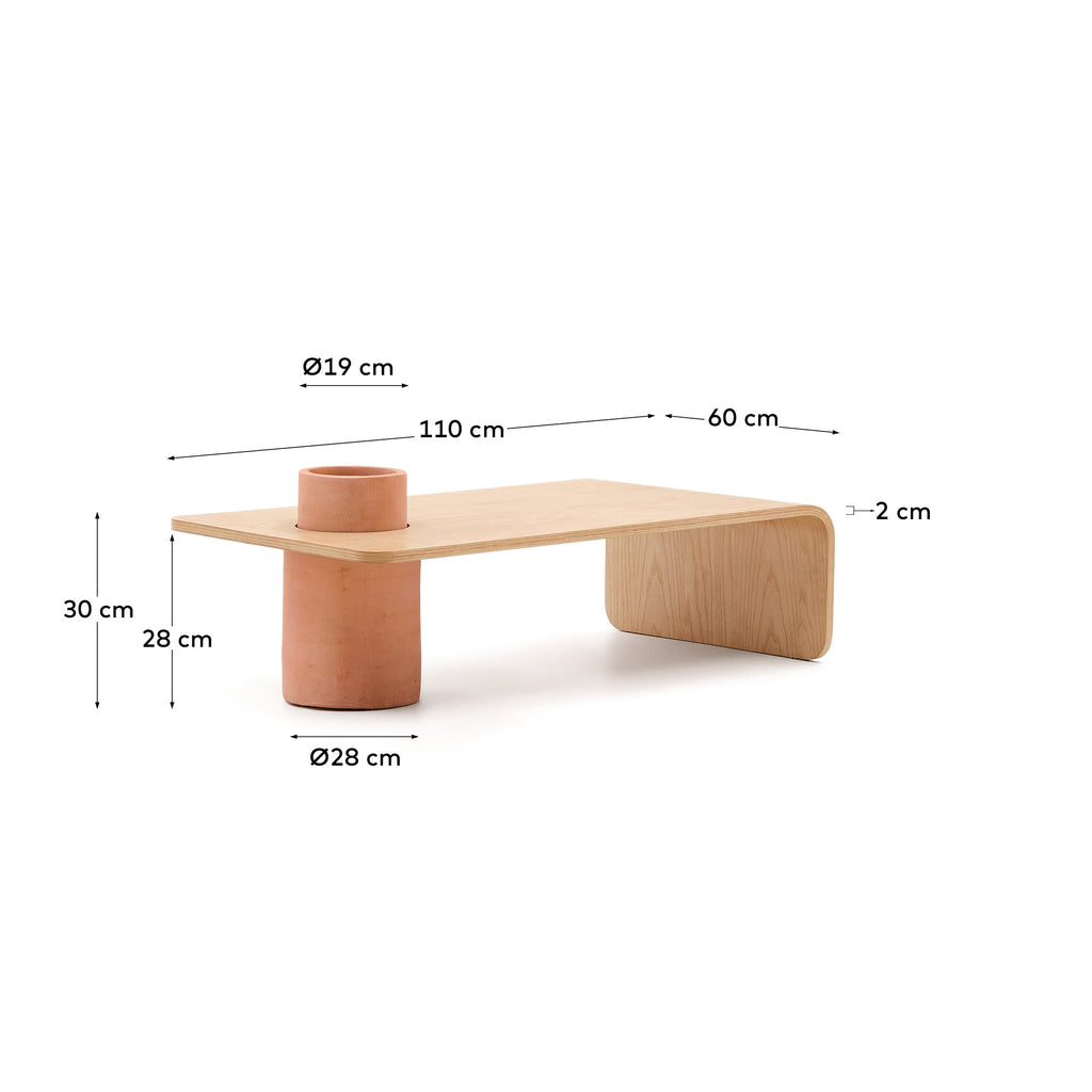 Olaria terracotta coffee table with an oak veneer in a natural finish, 110 x 60 cm