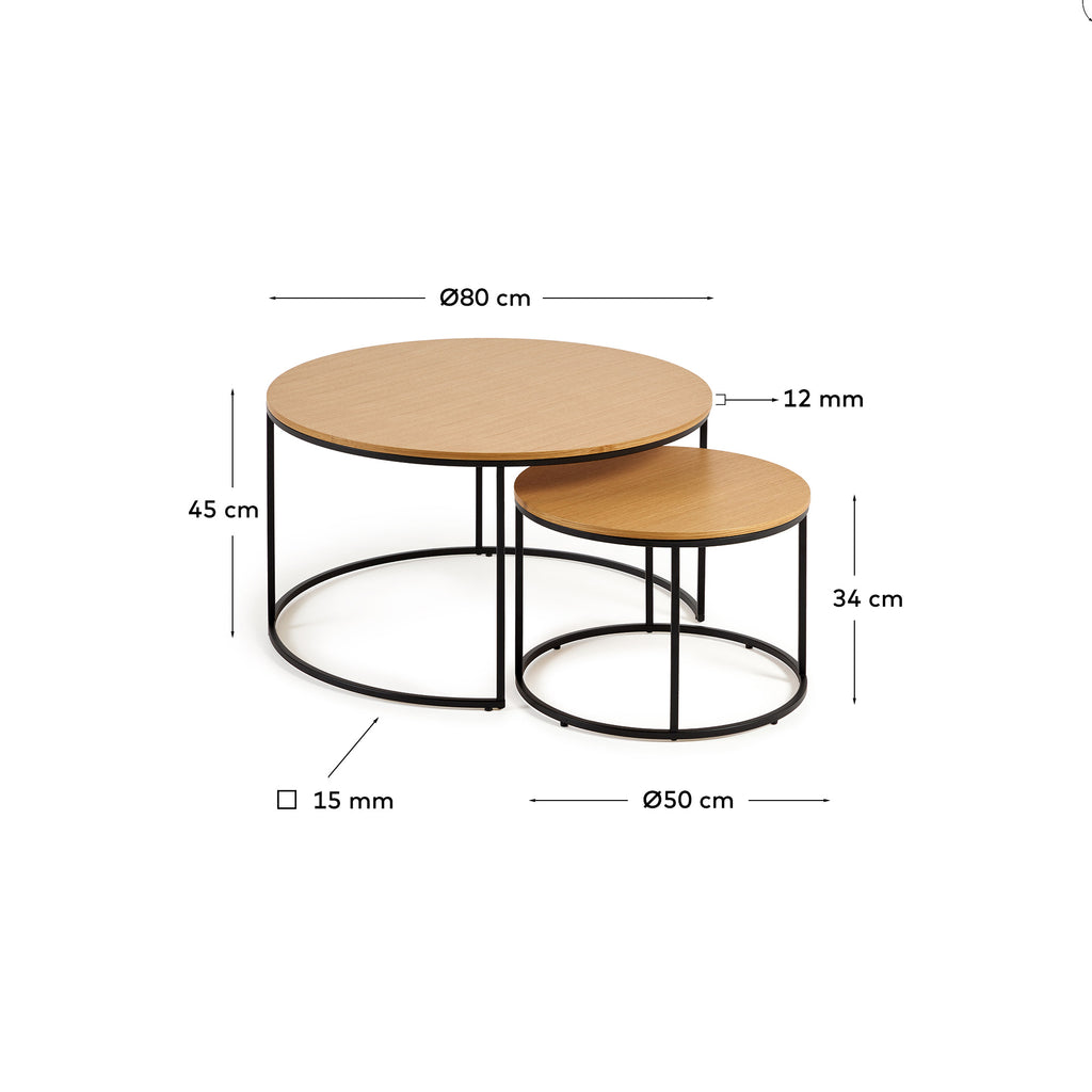 Yoana set of 2 nesting side tables with oak wood veneer & black metal, Ø 80 cm / Ø 50 cm