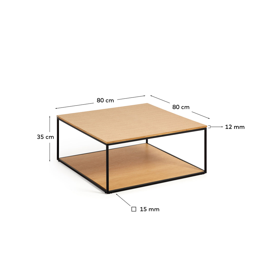 Yoana coffee table with oak wood veneer and painted black metal structure, 80 x 80 cm