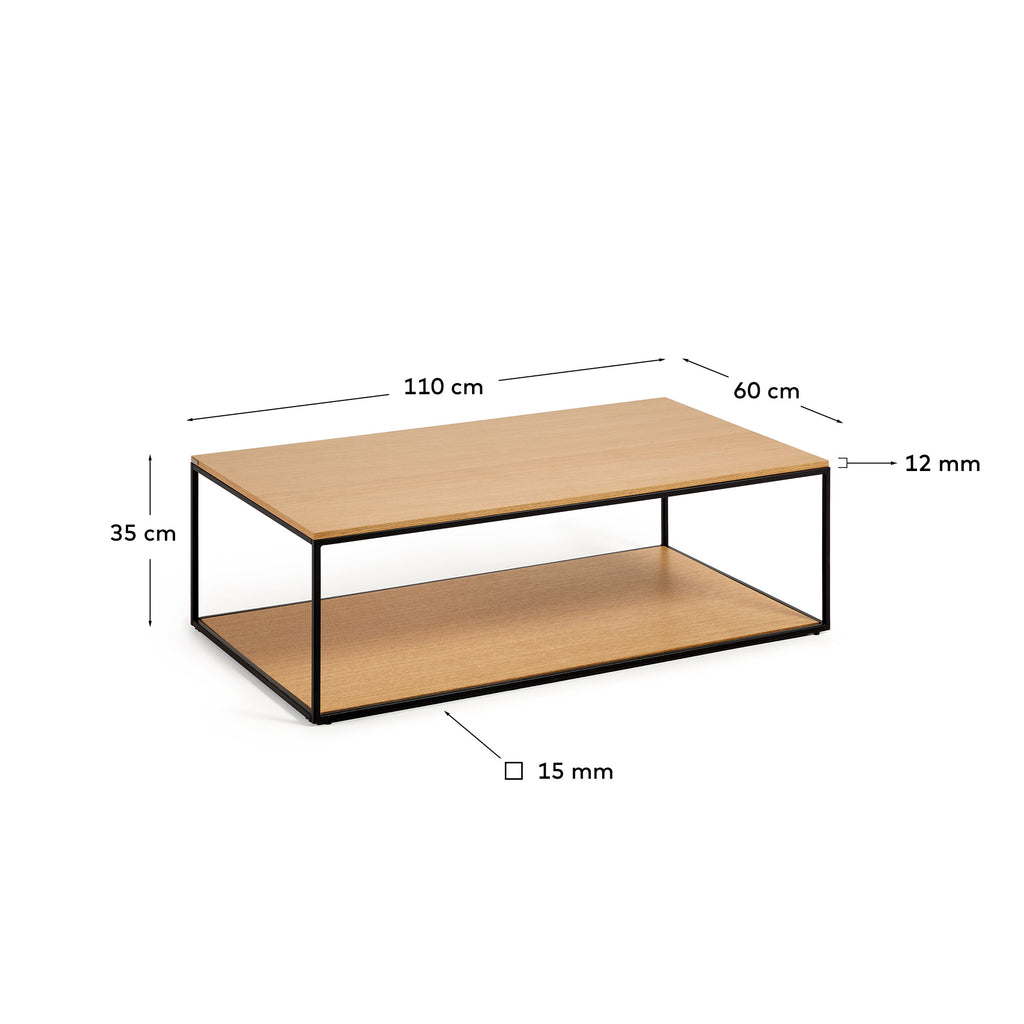 Yoana coffee table with oak wood veneer and painted black metal structure, 110 x 60 cm