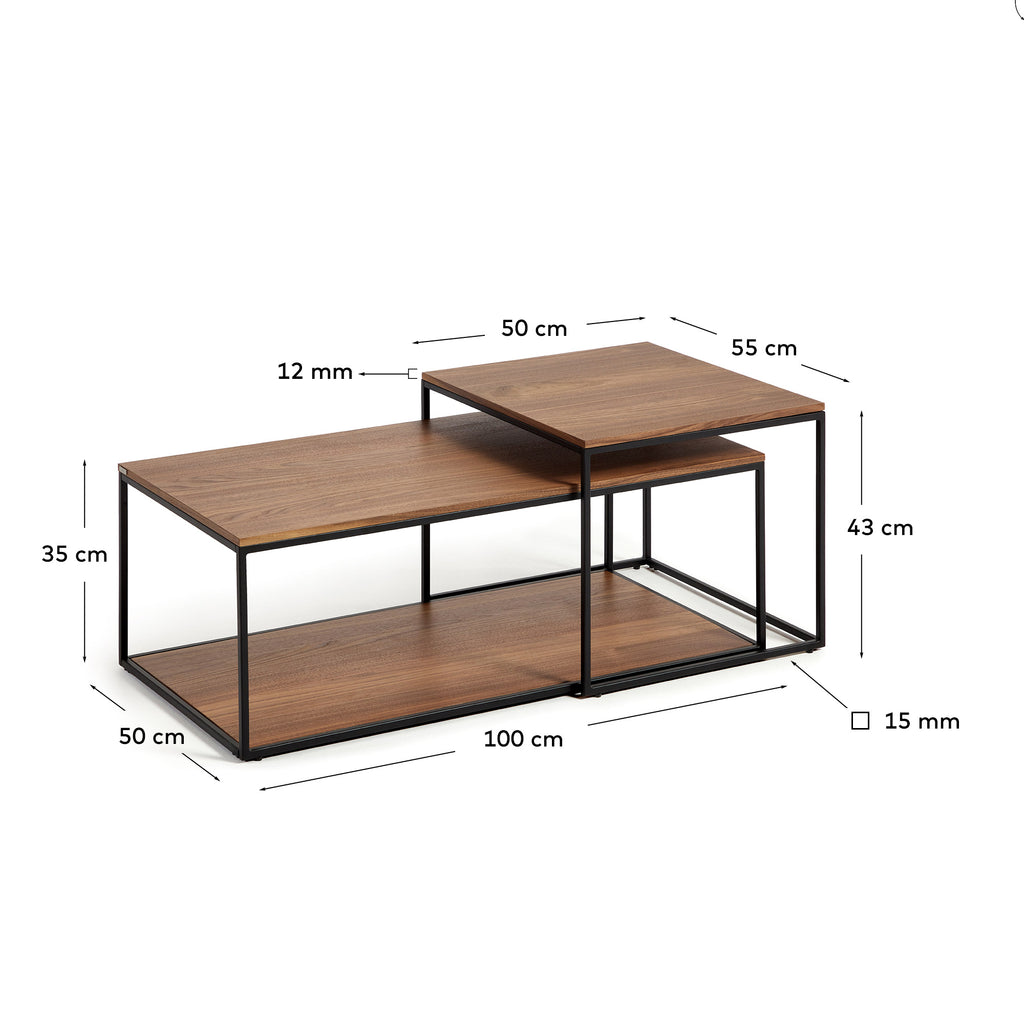 Yoana set of 2 nesting coffee tables with walnut veneer and black painted metal structure