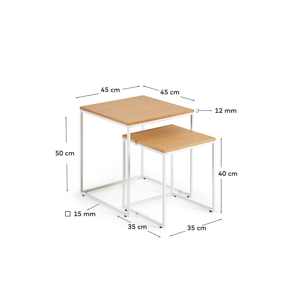 Yoana set of 2 nesting side tables with oak wood veneer and painted white metal structure