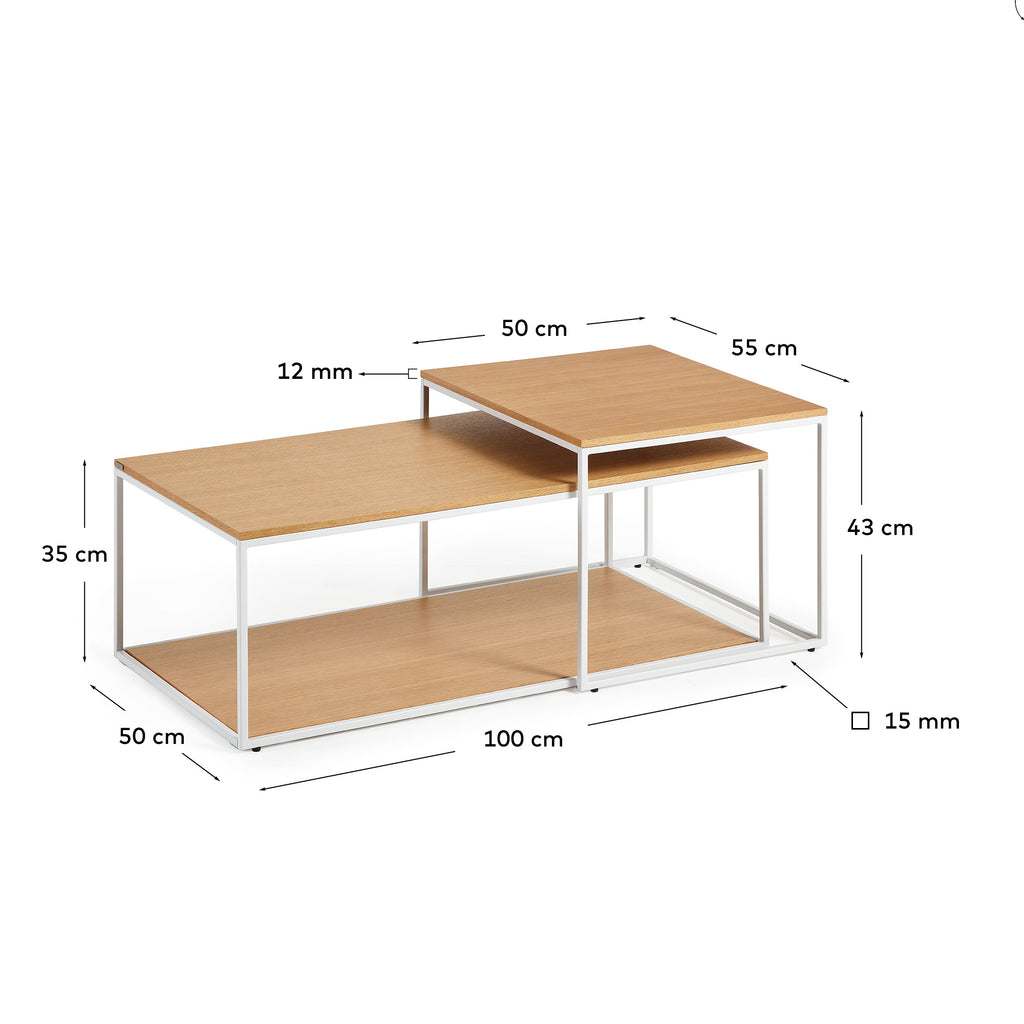 Yoana set of 2 nesting coffee tables with oak veneer and white metal structure