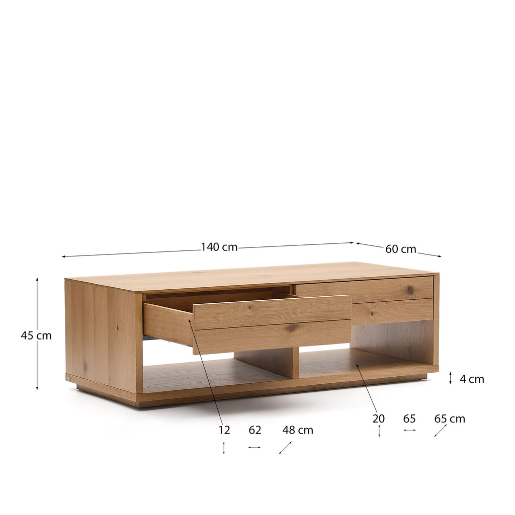 Alguema coffee table 2 drawers in oak veneer with natural finish 140 x 60 cm