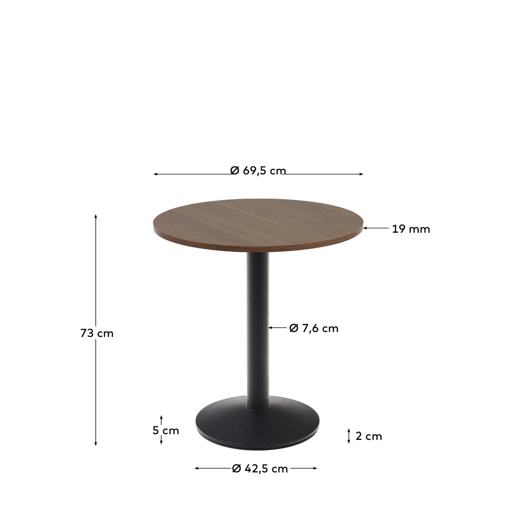 Esilda round table in walnut finish melamine with metal leg in a painted black finish, Ø70x70 cm