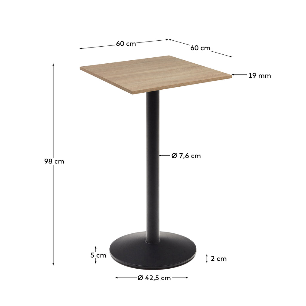 Esilda high table in natural finish melamine with metal leg in a painted black finish, 60x60x96cm