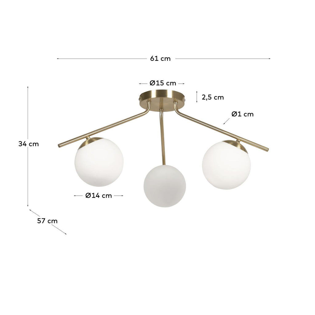 Mahala steel ceiling light with brass finish and three frosted glass spheres