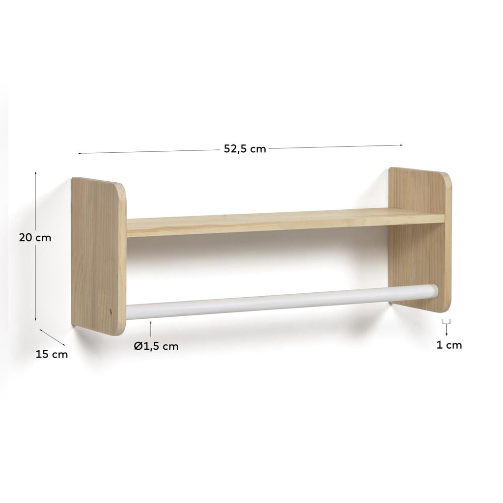 Florentina shelf with hangers in solid natural pine and white MDF 52.5 cm