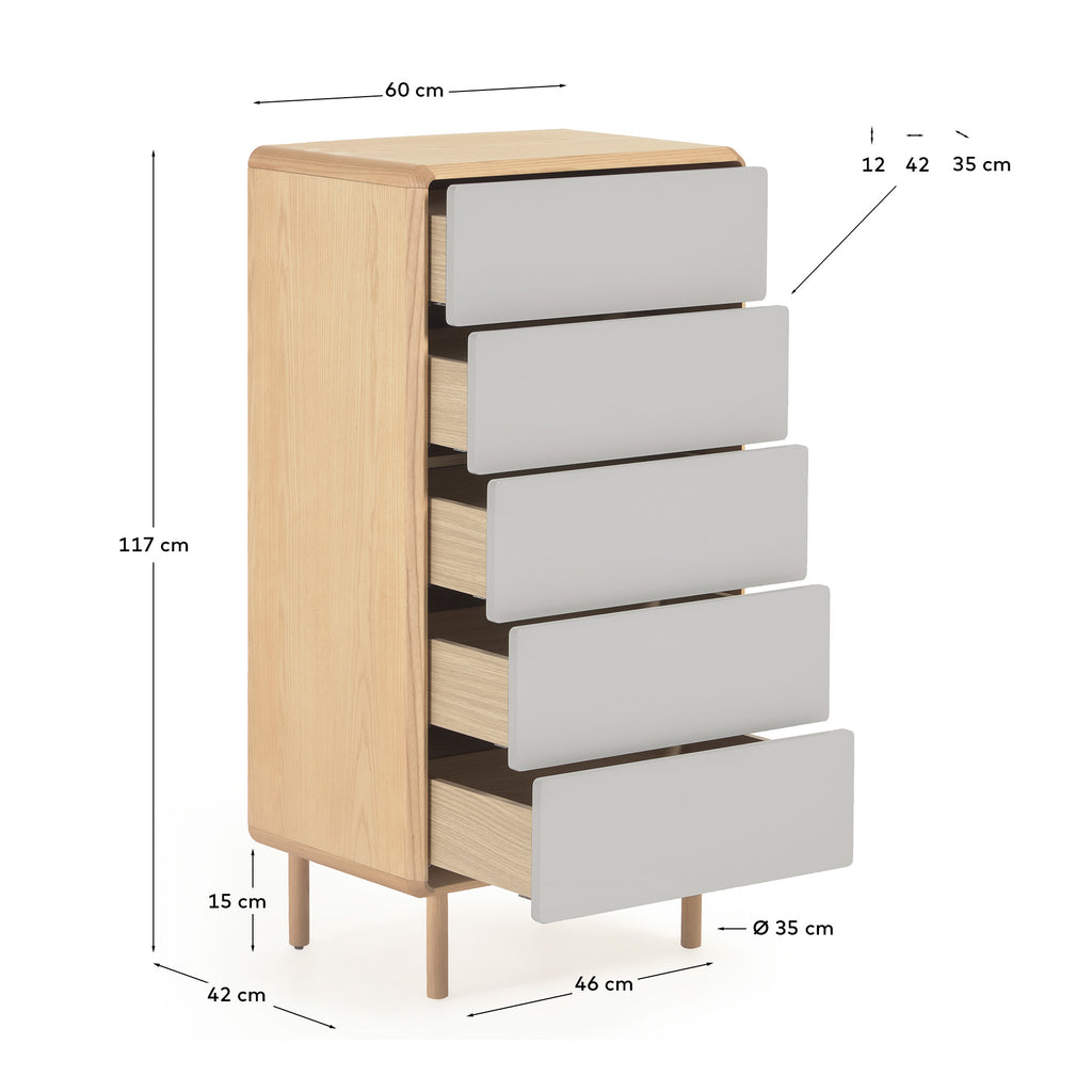 Anielle solid and ash veneer chest of five drawers 60 x 117 cm