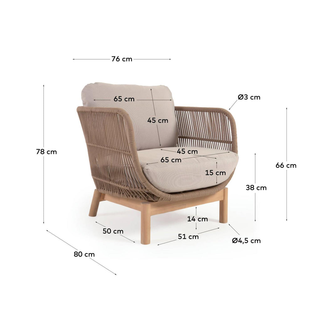 Catalina armchair made with beige rope and FSC solid acacia wood