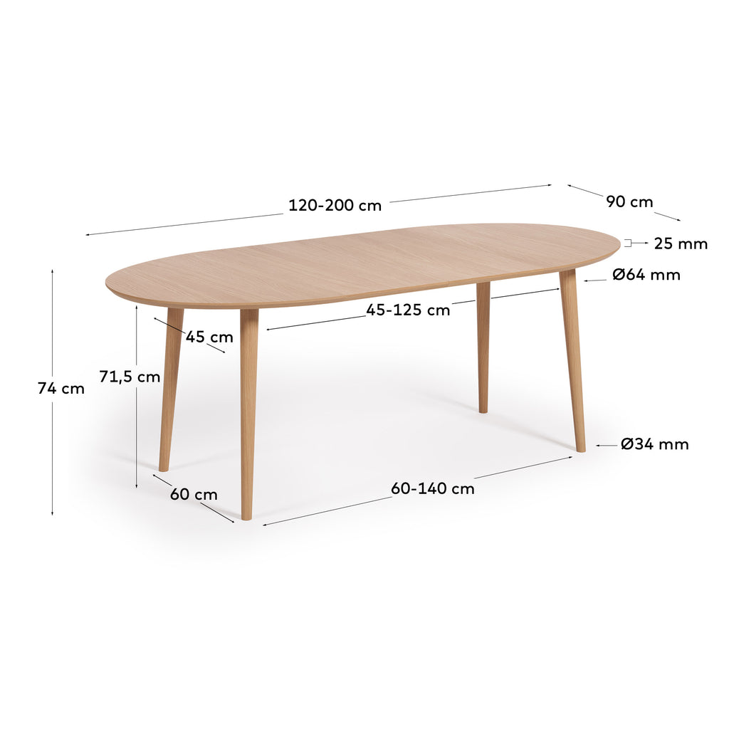 Oqui extendable oval table with an oak veneer and solid wood legs, Ø 120 (200) x 90 cm