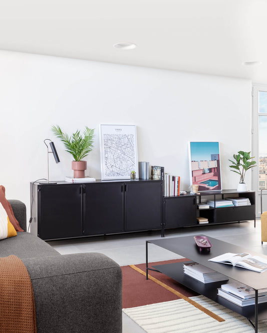 Shantay metal TV stand in a painted black finish with 1 door and drawer, 150 x 50 cm