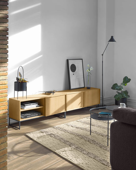 Taiana 2 door TV stand with oak veneer and steel frame in black finish, 112 x 51 cm