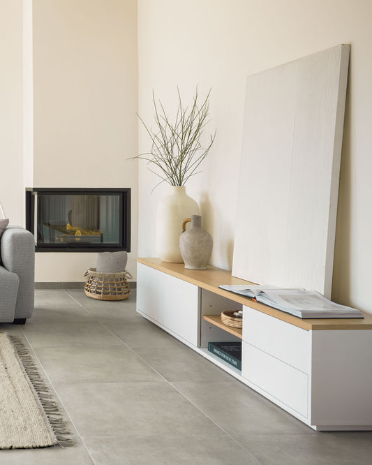 Abilen oak wood veneer TV stand with 2 doora and 2 drawers in white lacquer, 200 x 44 cm FSC 100%