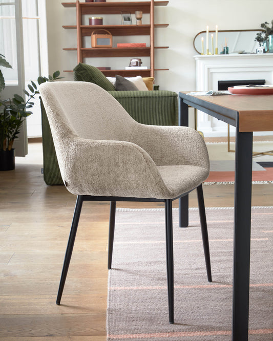 Konna chair in beige chenille with steel legs and painted black finish FR
