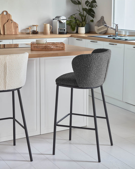Ciselia stool with black bouclé and black steel legs, height 65 cm FSC Mix Credit