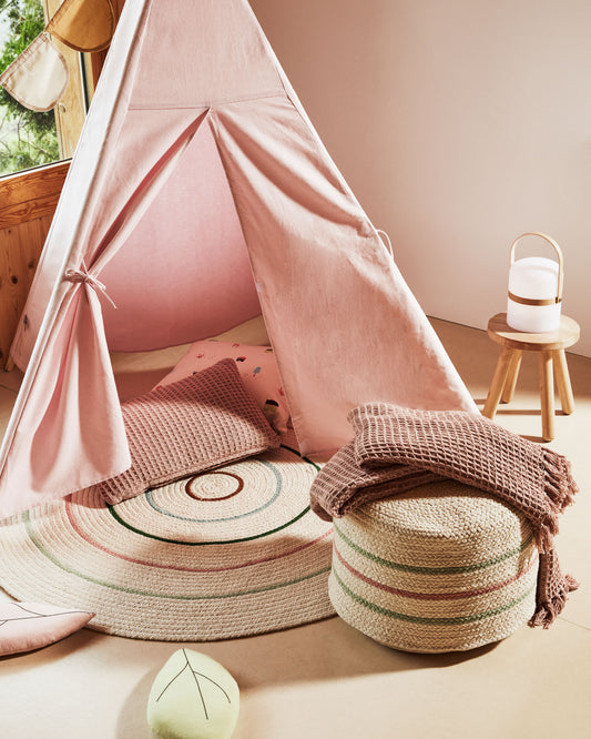 Daiana round cotton pouffe, beige and multicolour Ø 40 cm