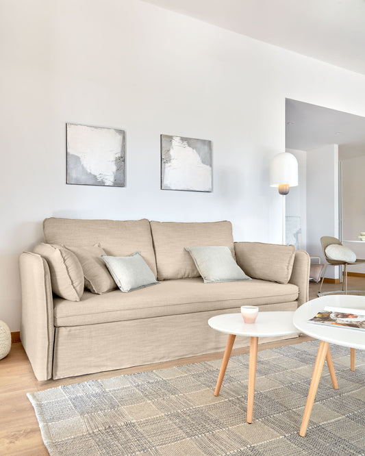 Tanit sofa bed in beige with natural finish solid beech wood legs, 210 cm FSC Mix Credit
