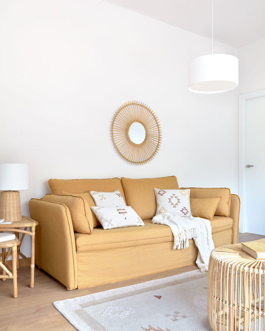 Tanit sofa bed in mustard with natural finish solid beech wood legs, 210 cm FSC Mix Credit