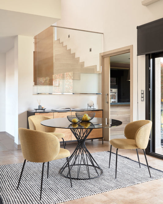 Niut round glass table with solid steel legs with black finish Ø 120 cm